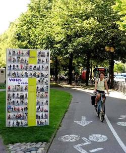 Le 4 juin dernier à l'occasion de la Fête du vélo, a été inaugurée l'expo événement "Vous à vélo" qui présente en plein air 32 portraits en grand format d'usagers du vélo de l'agglomération. L'exposition est installée le long de la piste