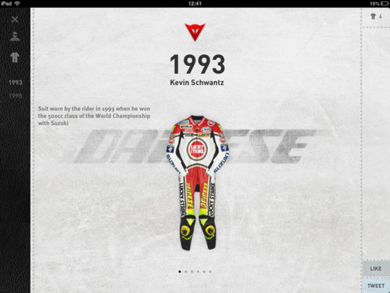 Dainese lance une application pour iPad et iPhone  qui donne accès à la salle des archives des combinaisons en cuir