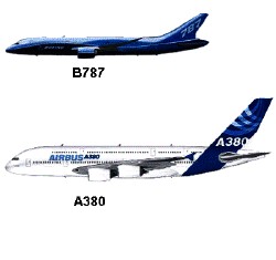 Tailles comparées des fleurons de Boeing et Airbus Tailles comparées des fleurons de Boeing et Airbus